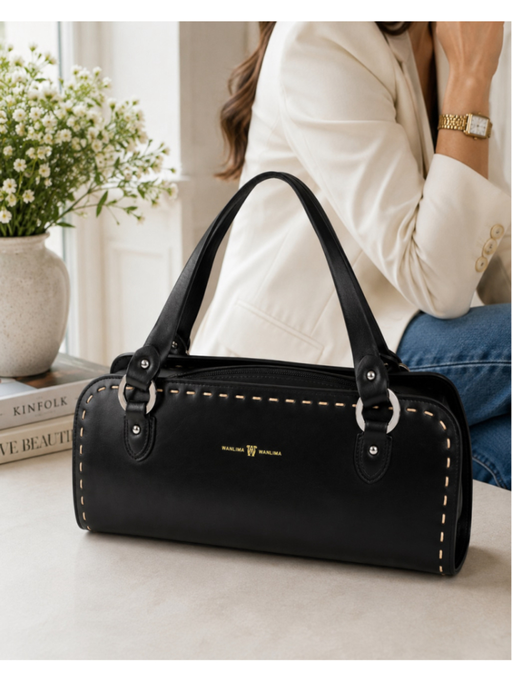 Wanlima Italian Style Black Leather Satchel Shoulder Bag Contrast Stitch Top Zip
